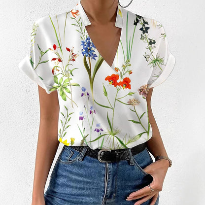 Loose Floral Print Blouse with V-Neck and Stand Collar