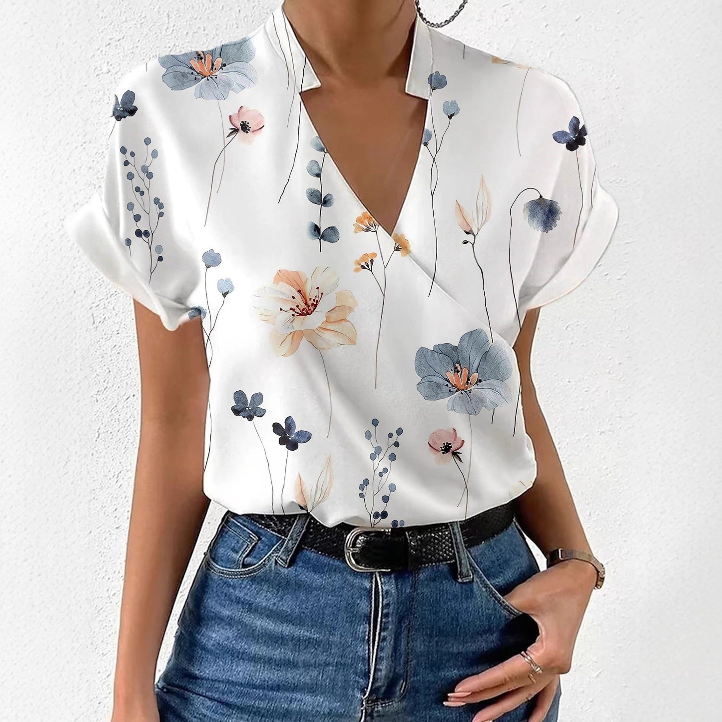 Loose Floral Print Blouse with V-Neck and Stand Collar
