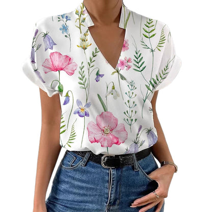 Loose Floral Print Blouse with V-Neck and Stand Collar