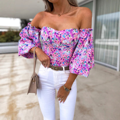 Floral Print Off-Shoulder Blouse with Puff Sleeves