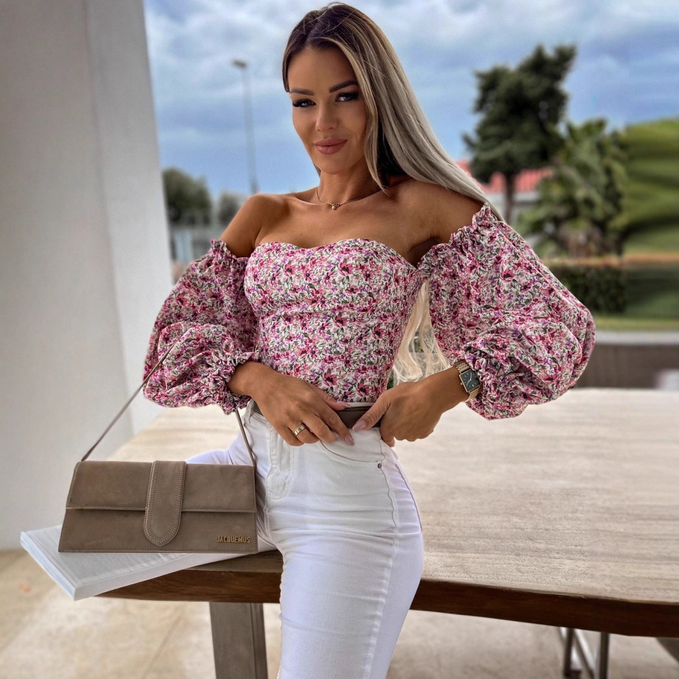 Floral Print Off-Shoulder Blouse with Puff Sleeves