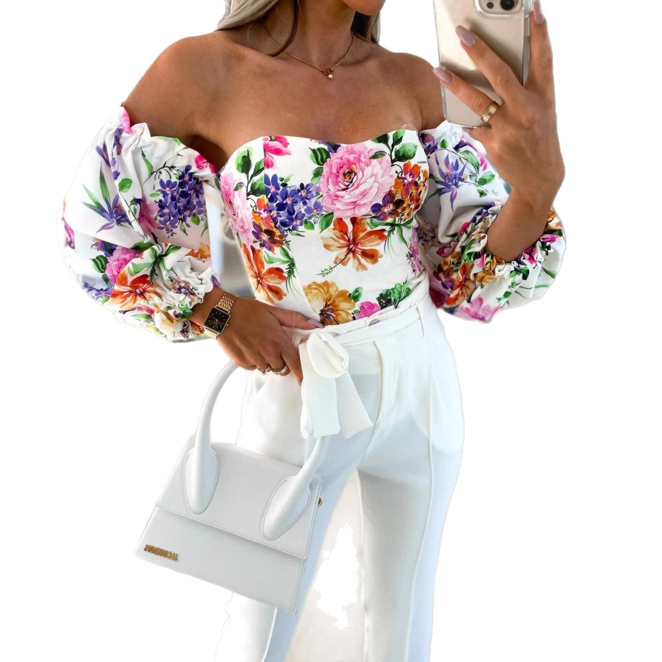 Floral Print Off-Shoulder Blouse with Puff Sleeves
