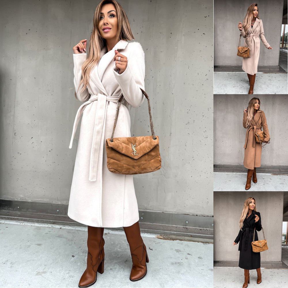 Solid Long Wrap Coat with Lapel Collar and Tie Belt