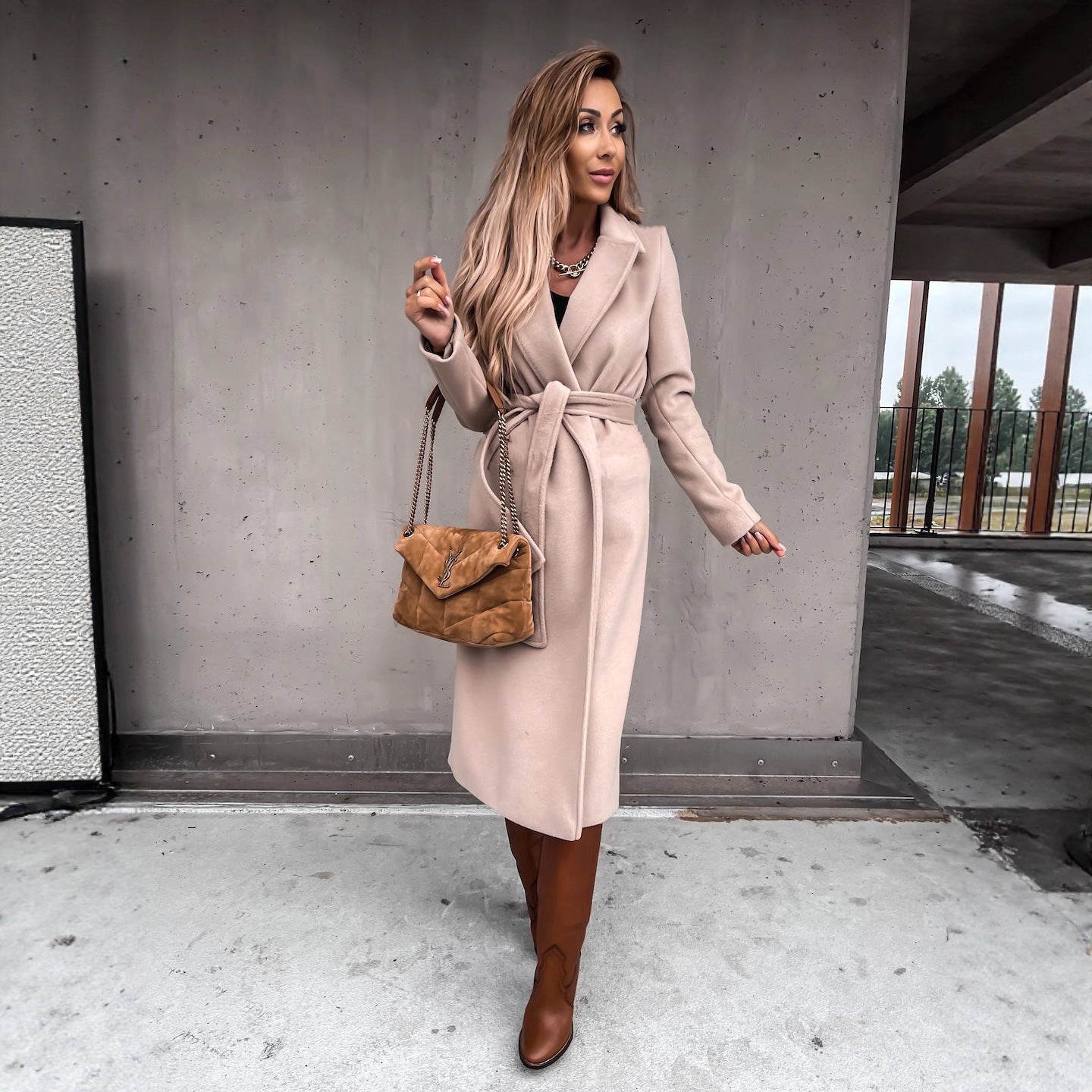 Solid Long Wrap Coat with Lapel Collar and Tie Belt