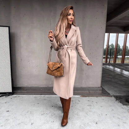 Solid Long Wrap Coat with Lapel Collar and Tie Belt