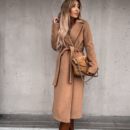 Solid Long Wrap Coat with Lapel Collar and Tie Belt