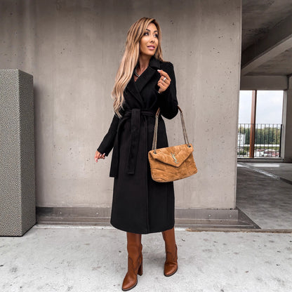 Solid Long Wrap Coat with Lapel Collar and Tie Belt
