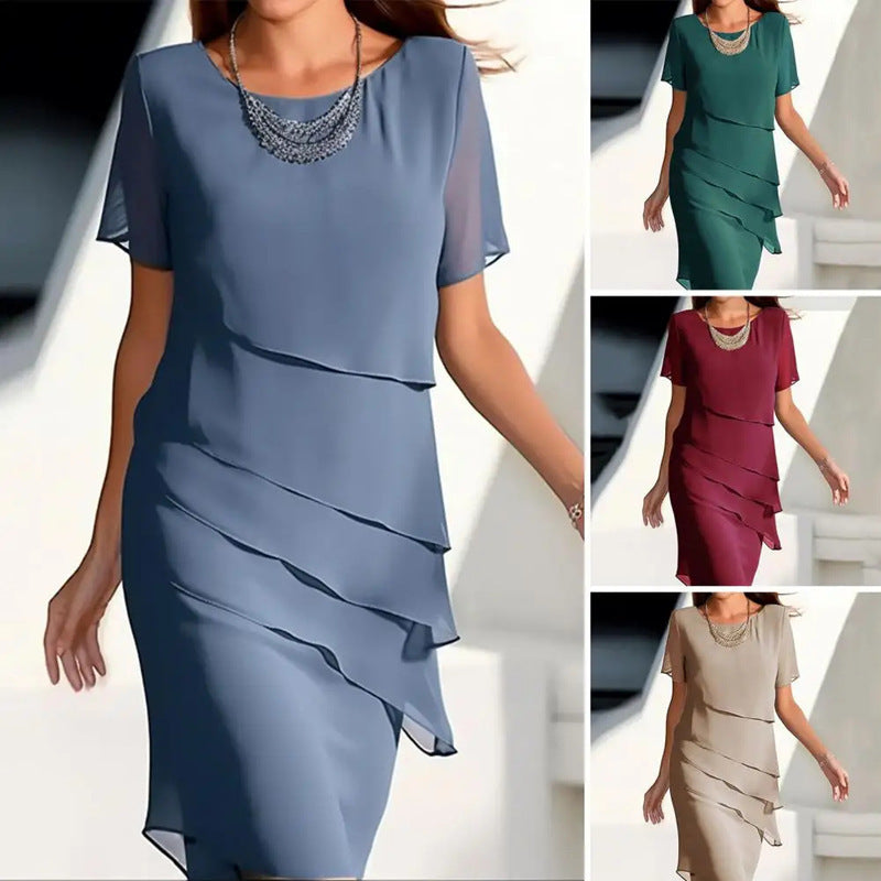 Sheath Midi Dress with Layered Chiffon Overlay and Short Sleeves
