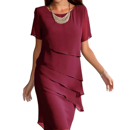 Sheath Midi Dress with Layered Chiffon Overlay and Short Sleeves