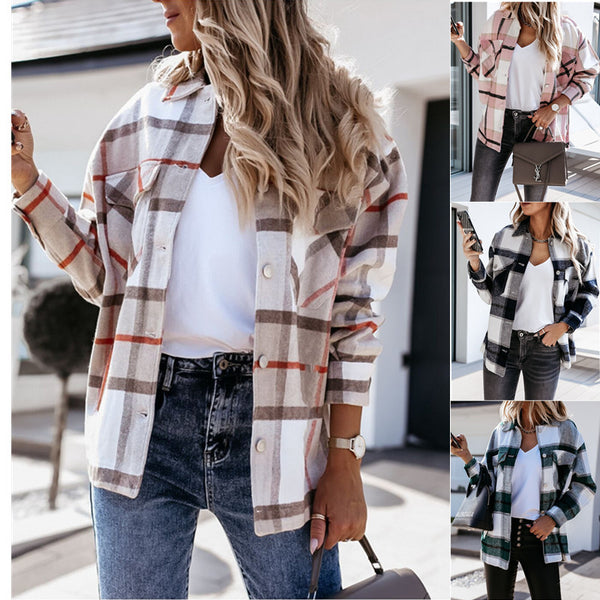 Plaid Oversized Shirt Jacket with Lapel Collar