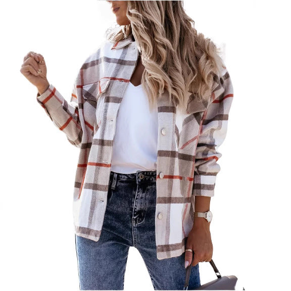 Plaid Oversized Shirt Jacket with Lapel Collar