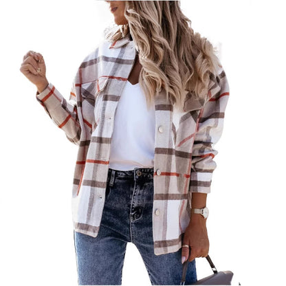 Plaid Oversized Shirt Jacket with Lapel Collar