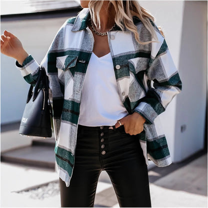 Plaid Oversized Shirt Jacket with Lapel Collar