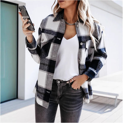 Plaid Oversized Shirt Jacket with Lapel Collar