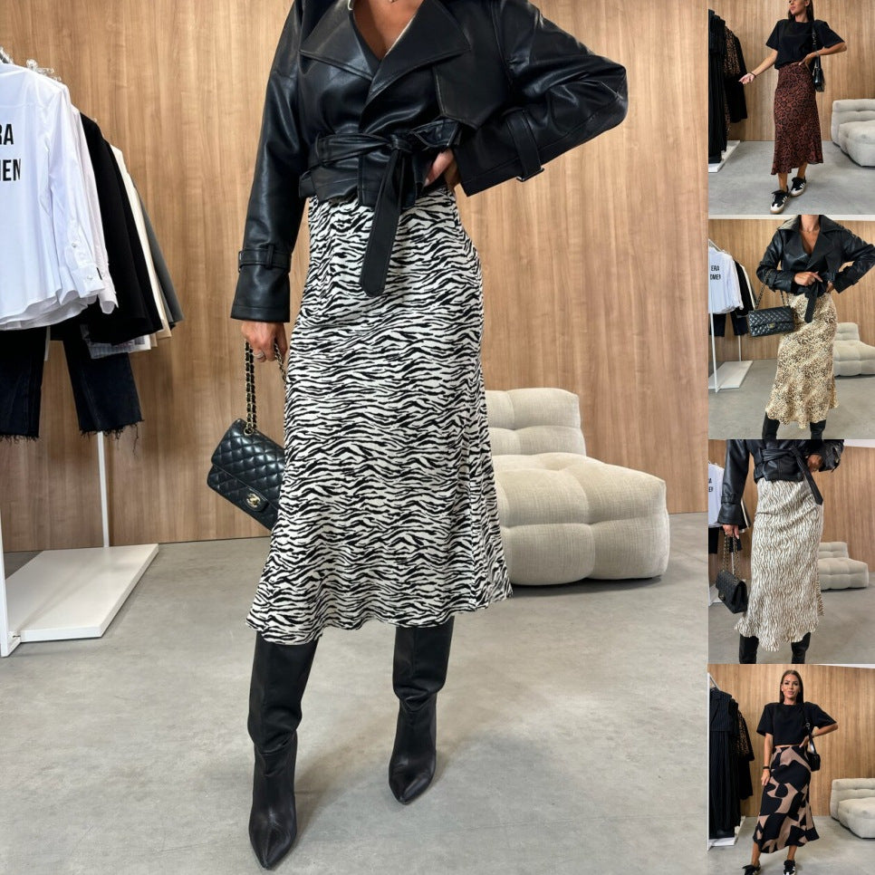Animal Print Slip Midi Skirt with High Waist