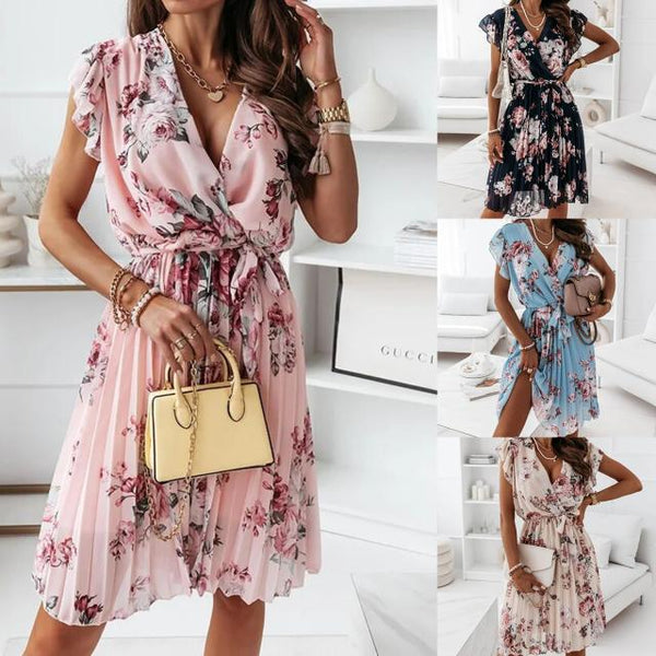 Floral Wrap Midi Dress with Pleated Skirt and Ruffle Sleeves