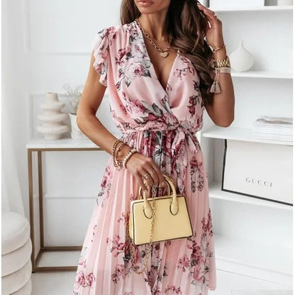 Floral Wrap Midi Dress with Pleated Skirt and Ruffle Sleeves