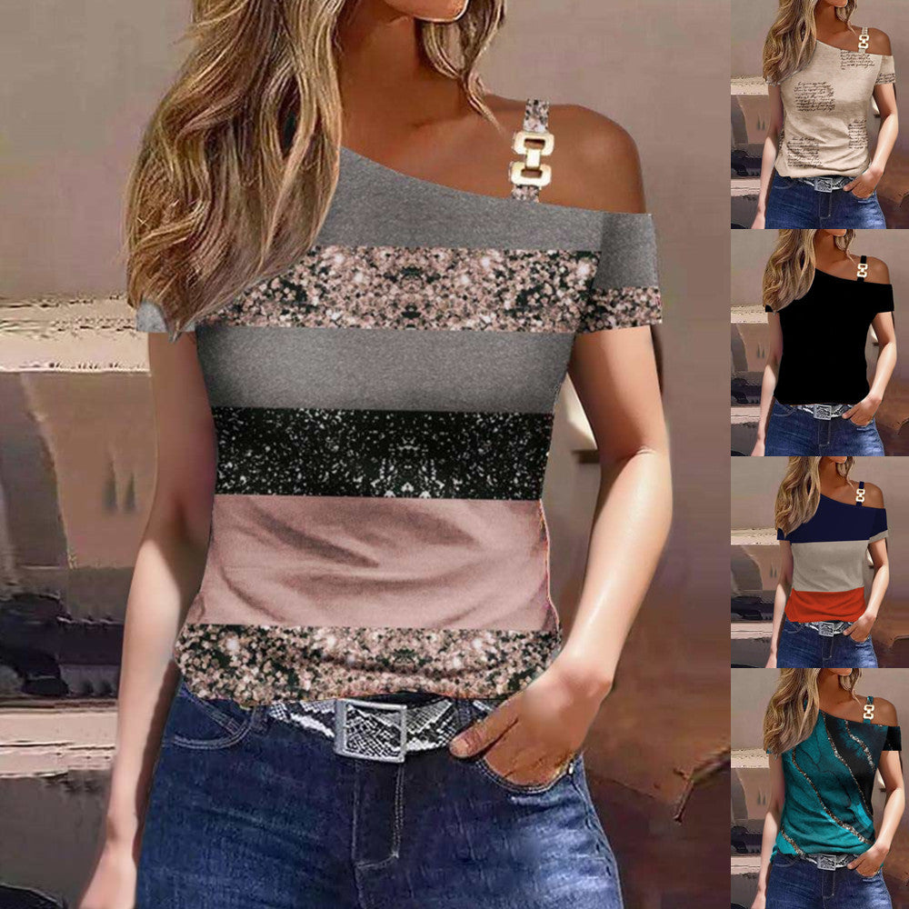 Printed Color Block One-Shoulder Short Sleeve Top with Metal Buckle