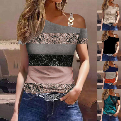 Printed Color Block One-Shoulder Short Sleeve Top with Metal Buckle