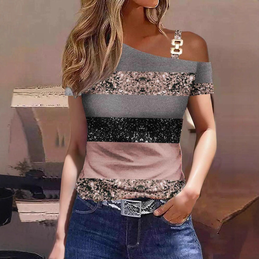 Printed Color Block One-Shoulder Short Sleeve Top with Metal Buckle