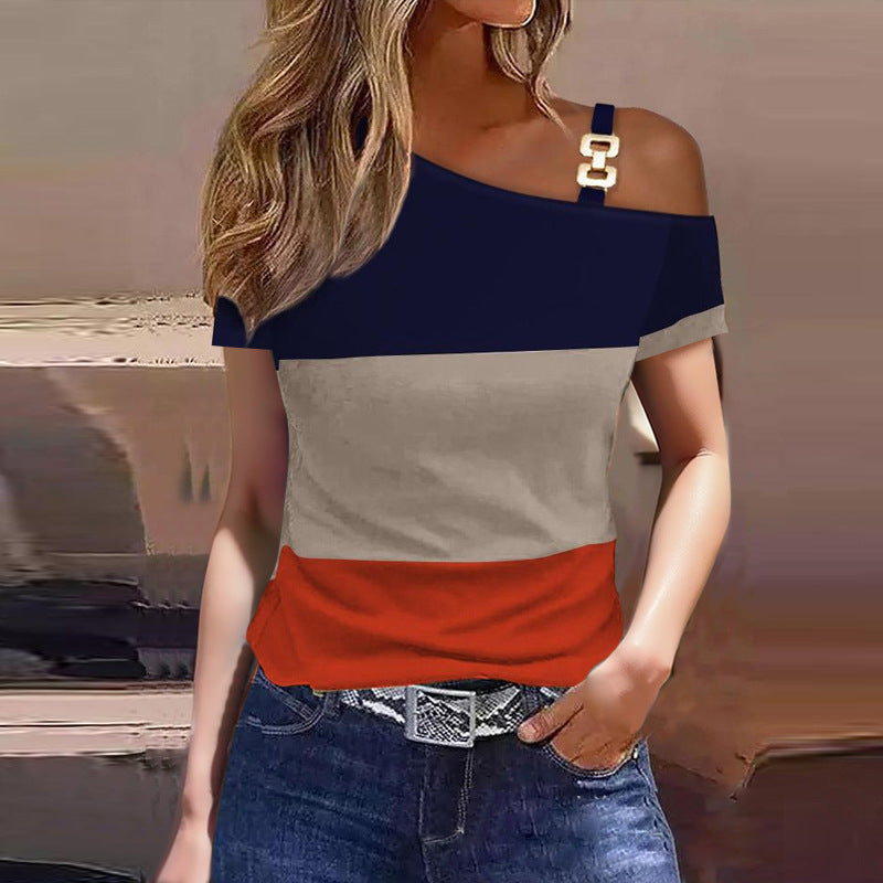 Printed Color Block One-Shoulder Short Sleeve Top with Metal Buckle