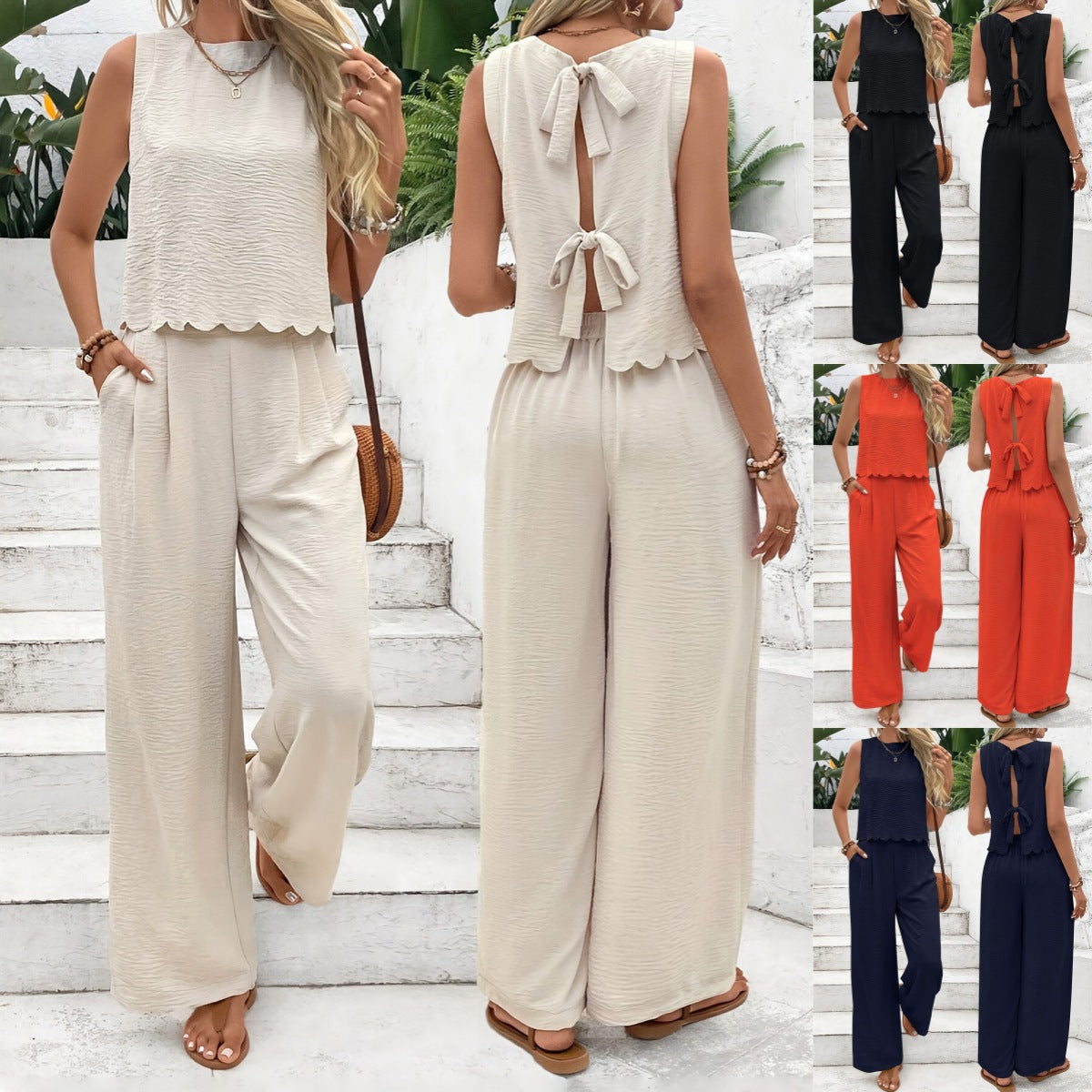 Textured Sleeveless Pants Set with Scalloped Hem and Tie-Back