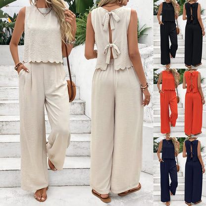 Textured Sleeveless Pants Set with Scalloped Hem and Tie-Back