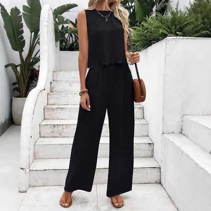 Textured Sleeveless Pants Set with Scalloped Hem and Tie-Back