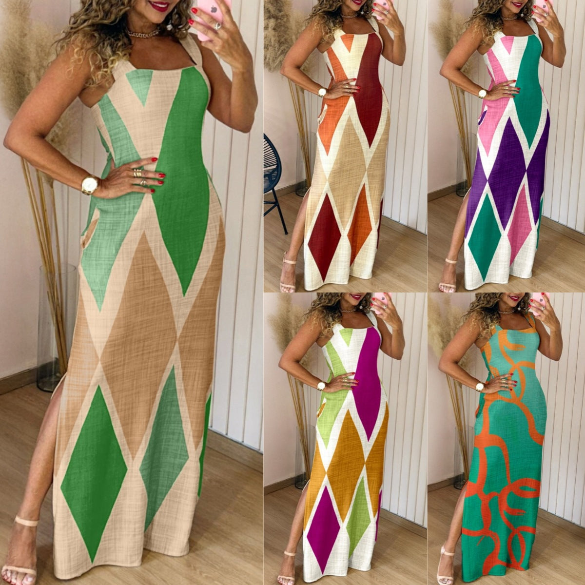 Colorblock Geometric Maxi Dress with Side Slit