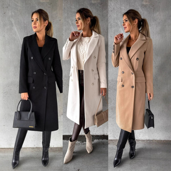 Solid Midi Coat with Double-Breasted Closure and Suit Collar