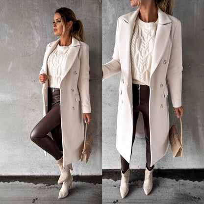 Solid Midi Coat with Double-Breasted Closure and Suit Collar