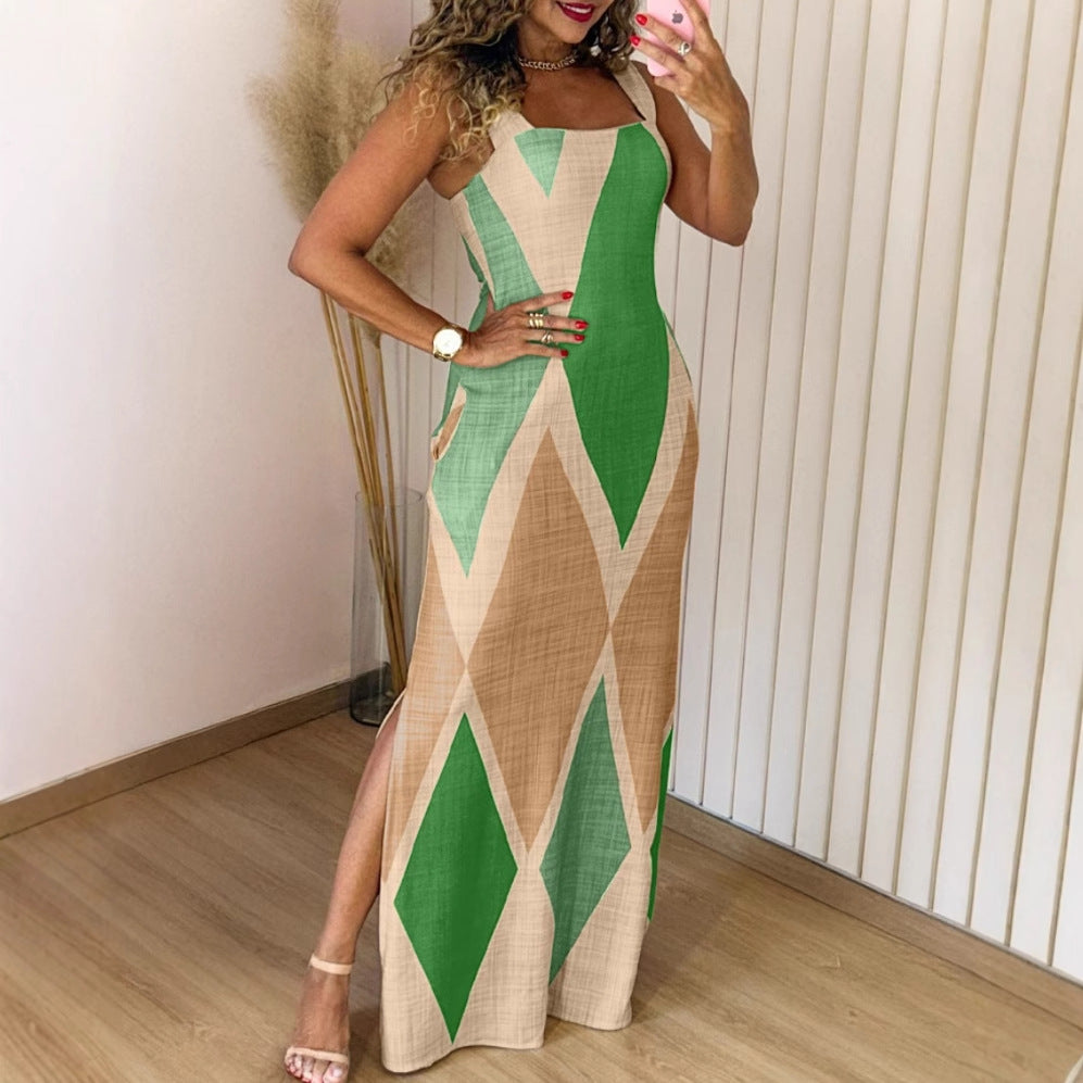Colorblock Geometric Maxi Dress with Side Slit
