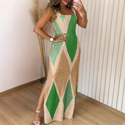 Colorblock Geometric Maxi Dress with Side Slit