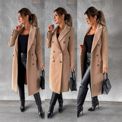 Solid Midi Coat with Double-Breasted Closure and Suit Collar