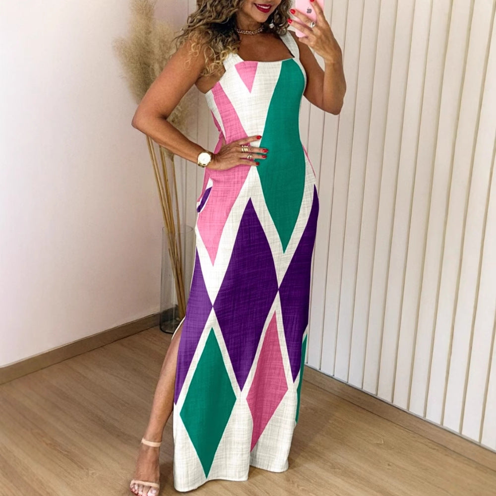 Colorblock Geometric Maxi Dress with Side Slit