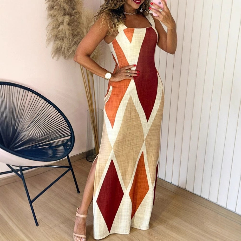Colorblock Geometric Maxi Dress with Side Slit
