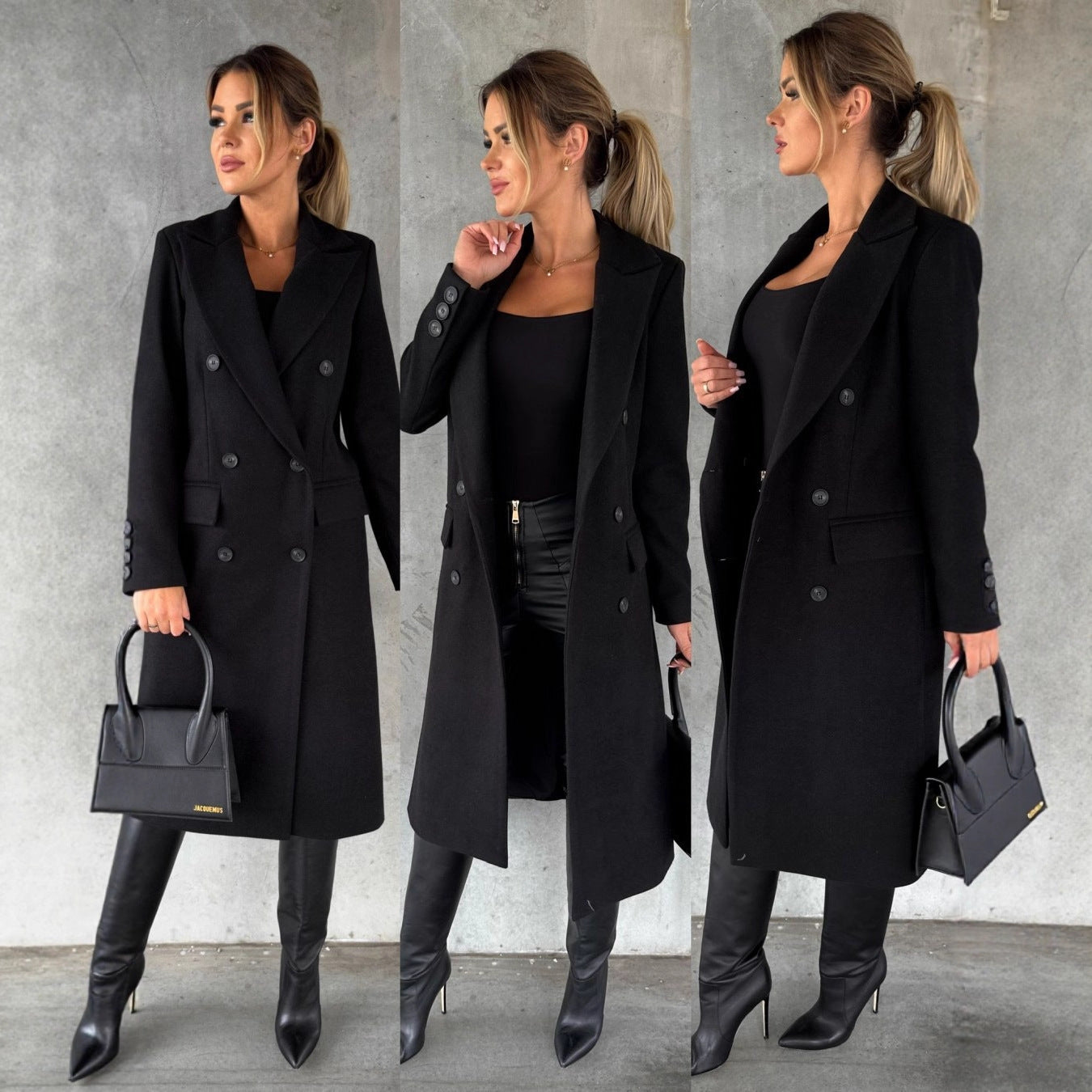 Solid Midi Coat with Double-Breasted Closure and Suit Collar