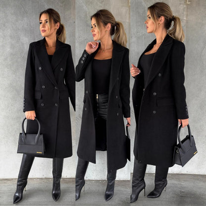 Solid Midi Coat with Double-Breasted Closure and Suit Collar