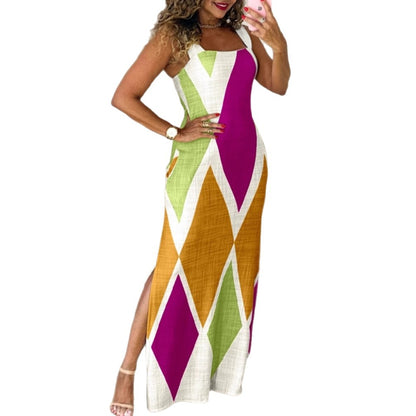 Colorblock Geometric Maxi Dress with Side Slit