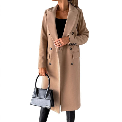 Solid Midi Coat with Double-Breasted Closure and Suit Collar