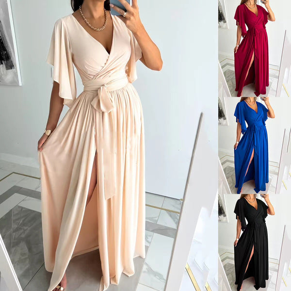 Solid Maxi Dress with Wrap V-Neck, Tie-Waist, and Slit