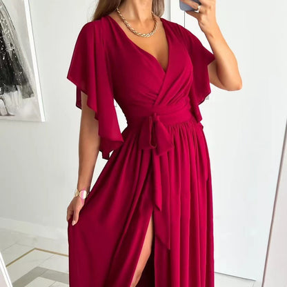 Solid Maxi Dress with Wrap V-Neck, Tie-Waist, and Slit