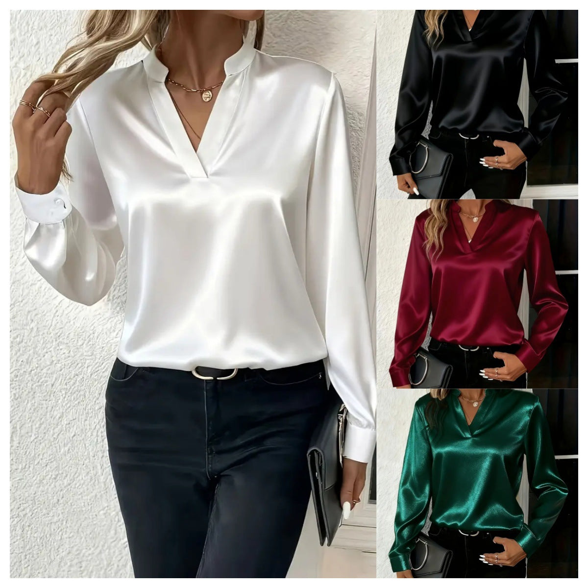 Solid Satin-Finish Blouse with V-Neck and Long Sleeves