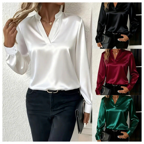 Solid Satin-Finish Blouse with V-Neck and Long Sleeves