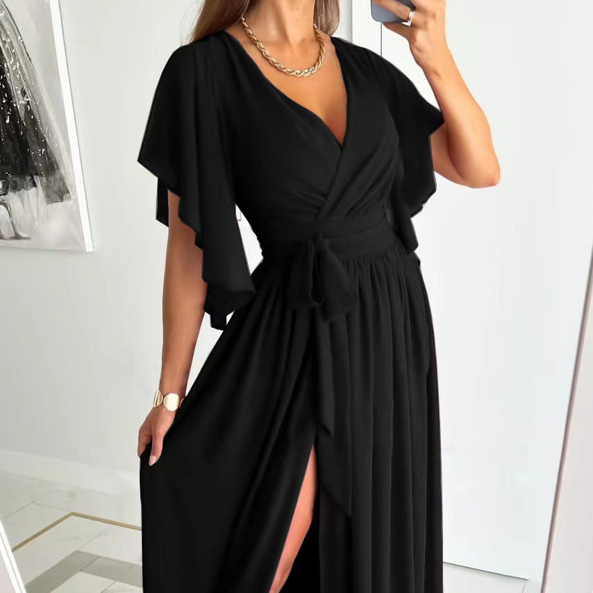 Solid Maxi Dress with Wrap V-Neck, Tie-Waist, and Slit