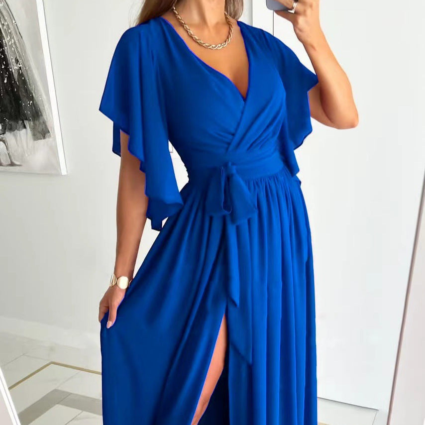 Solid Maxi Dress with Wrap V-Neck, Tie-Waist, and Slit
