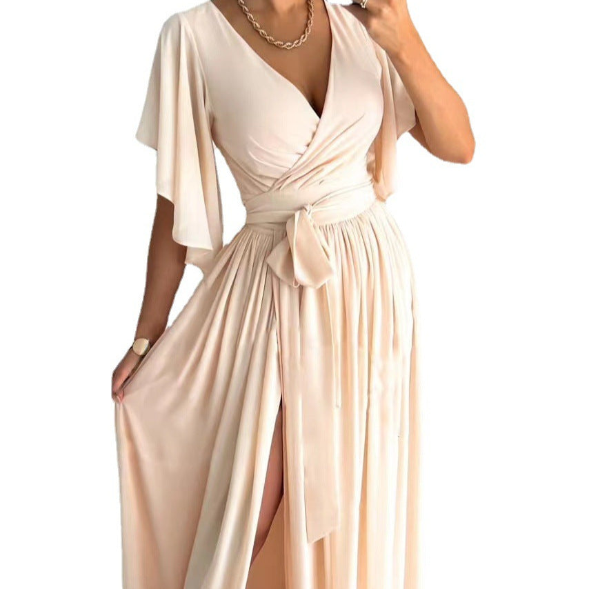 Solid Maxi Dress with Wrap V-Neck, Tie-Waist, and Slit