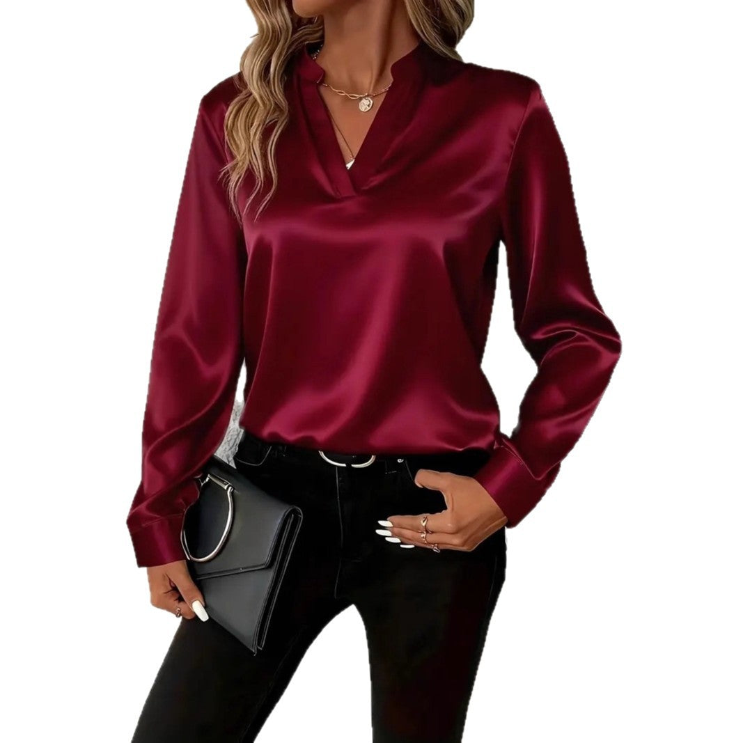 Solid Satin-Finish Blouse with V-Neck and Long Sleeves