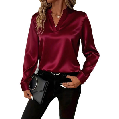 Solid Satin-Finish Blouse with V-Neck and Long Sleeves
