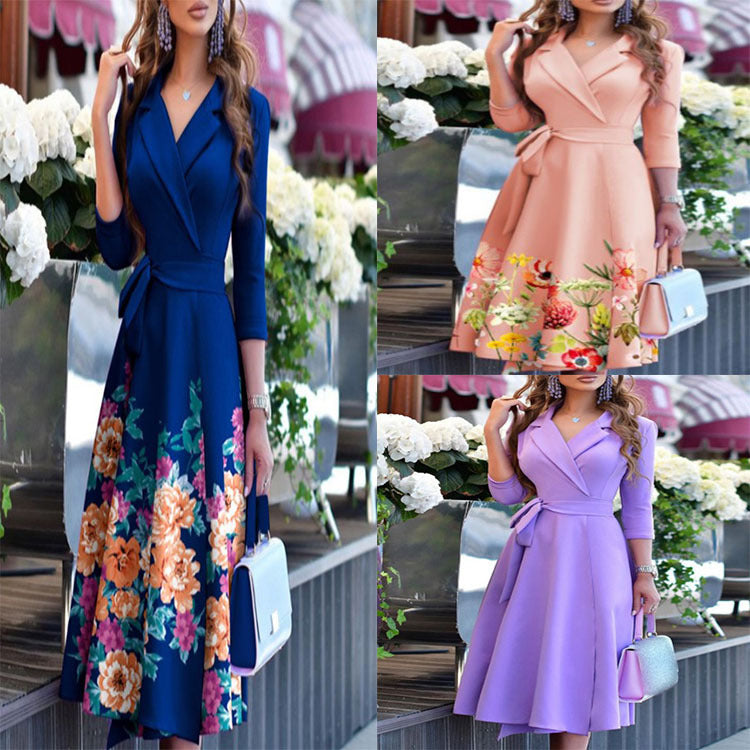 A-Line Midi Dress with Lapel Collar, Belted Waist, and Floral Hem